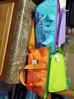 Trader Joe's Reusable Insulated Lunch Tote - Orange, Turquoise, Purple, Lime.